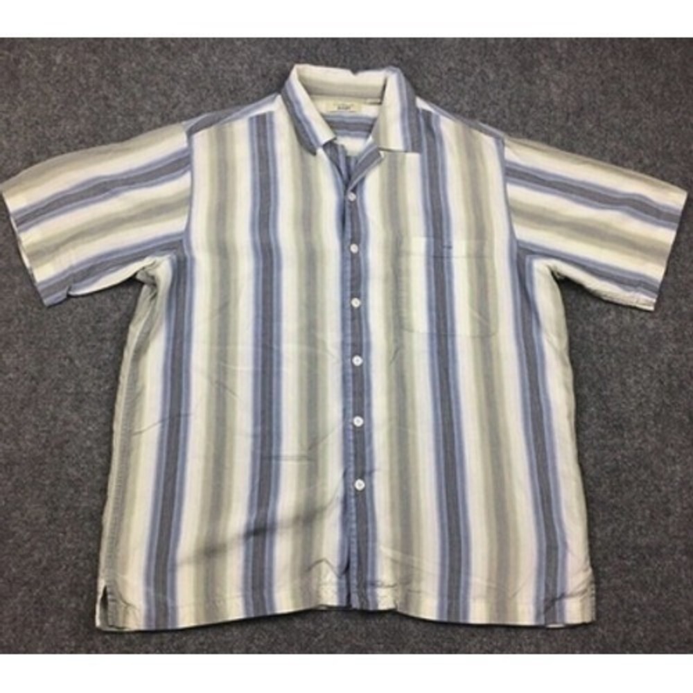 Caribbean Blues Shirt Men Large Blue Green Striped Tencel Short Sleeve Casual